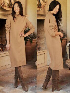 Frank‎ & Eileen Isabelle Midi Dress Camel Brown Funnel Neck Triple Fleece Size S